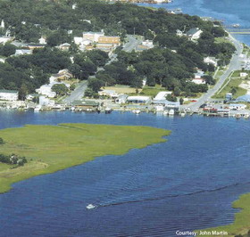 An aerial photo of a waterway at Southport, NC